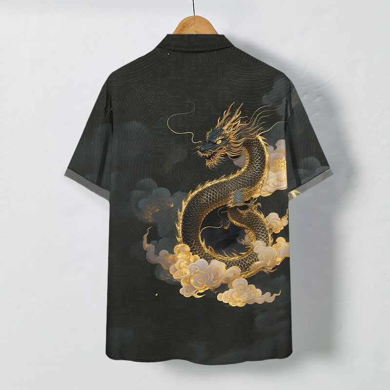 Buddha Stones Herren-Kurzarmhemd mit goldenem Drachen- und Wolkenmuster, knitterarm. - image 1