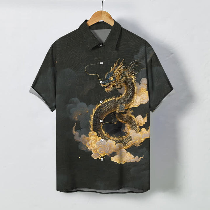 Buddha Stones Herren-Kurzarmhemd mit goldenem Drachen- und Wolkenmuster, knitterarm. - Schwarz - US/ UK/AU48, EU58 (4XL) - image 0