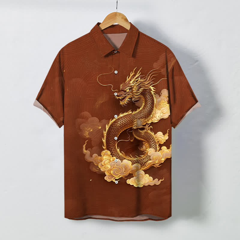 Buddha Stones Herren-Kurzarmhemd mit goldenem Drachen- und Wolkenmuster, knitterarm. - Sattelbraun - US/ UK/AU48, EU58 (4XL) - image 5