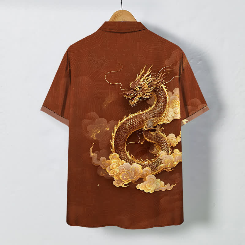 Buddha Stones Herren-Kurzarmhemd mit goldenem Drachen- und Wolkenmuster, knitterarm. - image 6