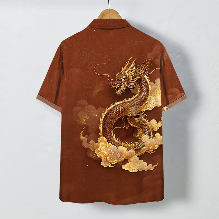 Buddha Stones Herren-Kurzarmhemd mit goldenem Drachen- und Wolkenmuster, knitterarm. - image 6