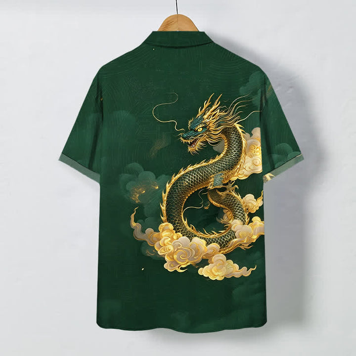 Buddha Stones Herren-Kurzarmhemd mit goldenem Drachen- und Wolkenmuster, knitterarm. - image 8