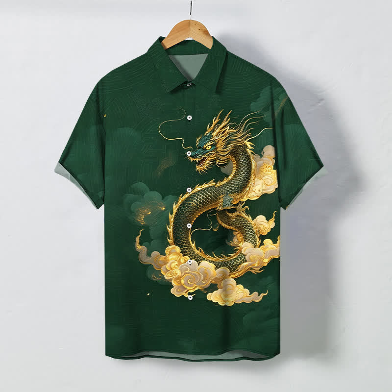 Buddha Stones Herren-Kurzarmhemd mit goldenem Drachen- und Wolkenmuster, knitterarm. - Dunkelgrün - US/ UK/AU48, EU58 (4XL) - image 7