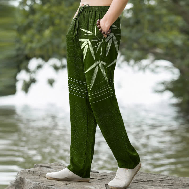 Buddha Stones Herrenhose aus Baumwolle mit Bambusblattmuster, schmal zulaufendem Schnitt und Taschen - image 1