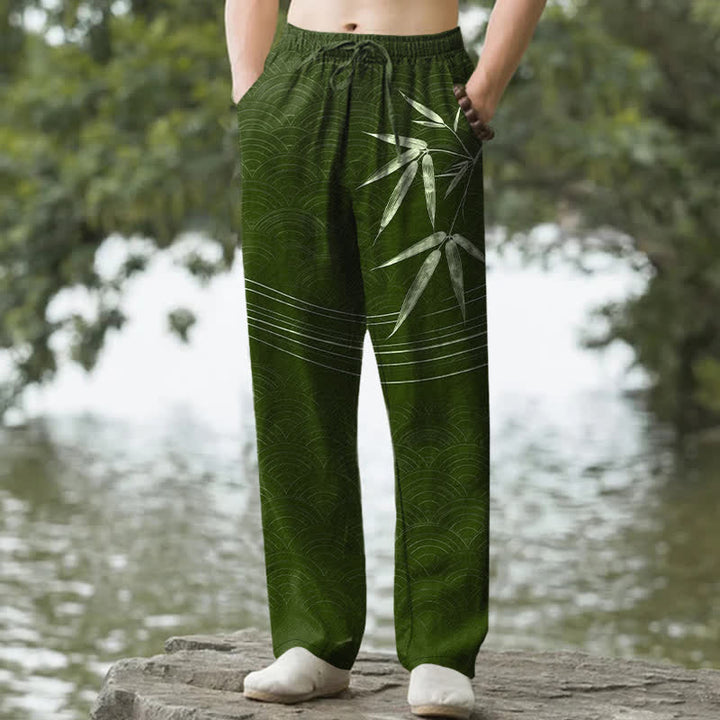 Buddha Stones Herrenhose aus Baumwolle mit Bambusblattmuster, schmal zulaufendem Schnitt und Taschen - Waldgrün - US/ UK/AU50, EU60 (5XL) - image 0