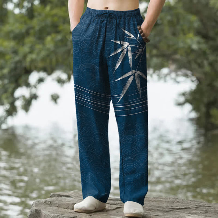 Buddha Stones Herrenhose aus Baumwolle mit Bambusblattmuster, schmal zulaufendem Schnitt und Taschen - image 4