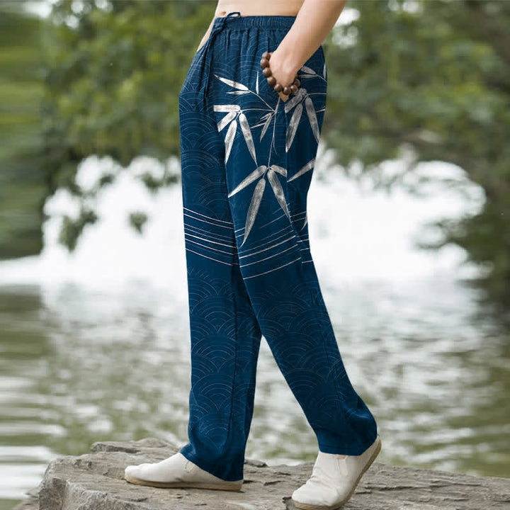 Buddha Stones Herrenhose aus Baumwolle mit Bambusblattmuster, schmal zulaufendem Schnitt und Taschen - image 5