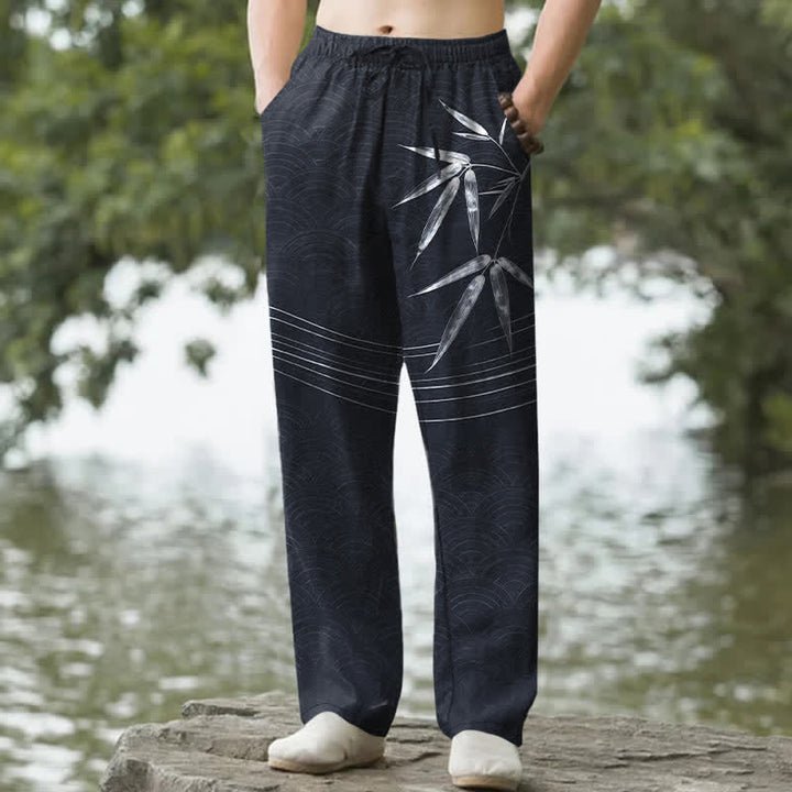 Buddha Stones Herrenhose aus Baumwolle mit Bambusblattmuster, schmal zulaufendem Schnitt und Taschen - Schwarz - US/ UK/AU50, EU60 (5XL) - image 8