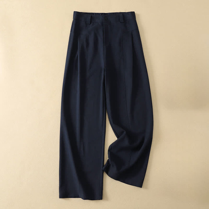 Buddha Stones Minimalistische, elegante lange Damenhose mit Knopf- und Reißverschlussdesign aus einfarbigem Baumwollstoff für Frühling und Sommer, gerades Bein und Tasche - Marine - US12, UK/AU16, EU44 (2XL) - image 0