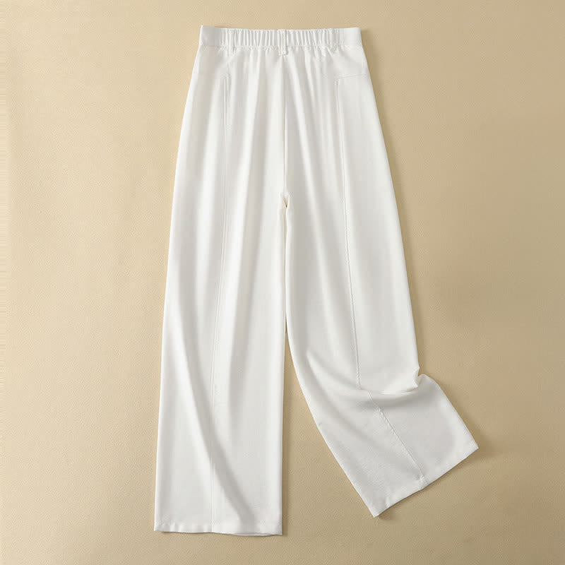 Buddha Stones Minimalistische, elegante lange Damenhose mit Knopf- und Reißverschlussdesign aus einfarbigem Baumwollstoff für Frühling und Sommer, gerades Bein und Tasche - Weiß - US12, UK/AU16, EU44 (2XL) - image 12