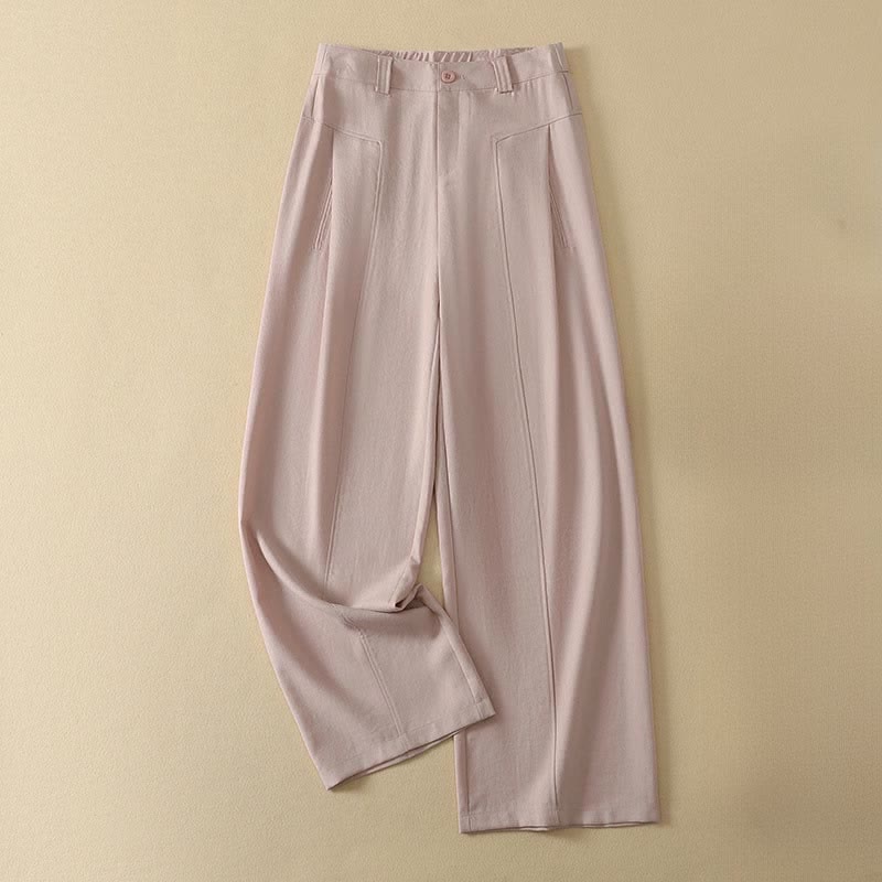 Buddha Stones Minimalistische, elegante lange Damenhose mit Knopf- und Reißverschlussdesign aus einfarbigem Baumwollstoff für Frühling und Sommer, gerades Bein und Tasche - Hellrosa - US12, UK/AU16, EU44 (2XL) - image 4