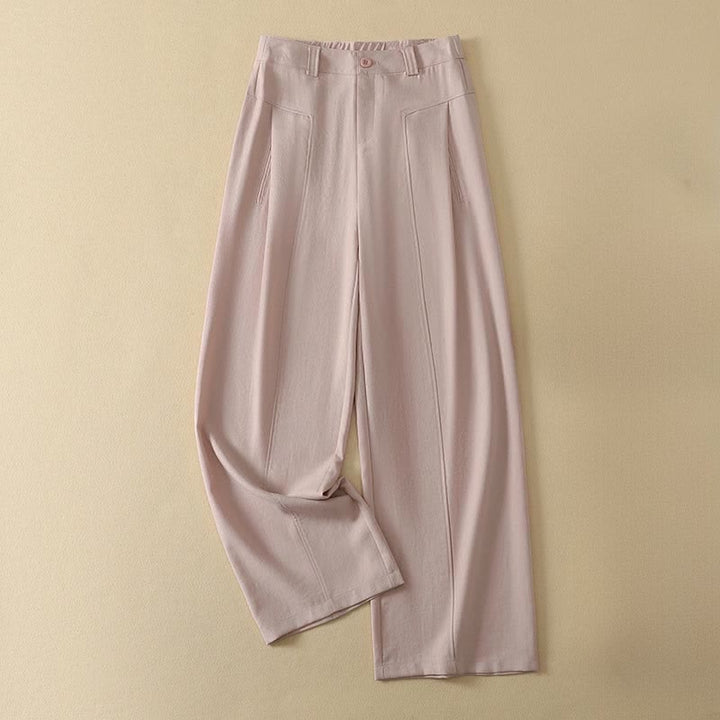 Buddha Stones Minimalistische, elegante lange Damenhose mit Knopf- und Reißverschlussdesign aus einfarbigem Baumwollstoff für Frühling und Sommer, gerades Bein und Tasche - Hellrosa - US12, UK/AU16, EU44 (2XL) - image 4