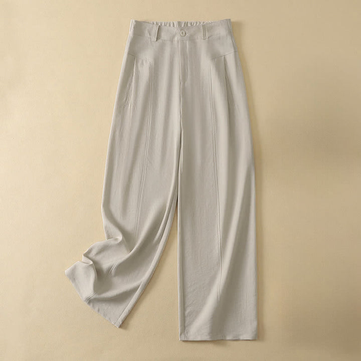 Buddha Stones Minimalistische, elegante lange Damenhose mit Knopf- und Reißverschlussdesign aus einfarbigem Baumwollstoff für Frühling und Sommer, gerades Bein und Tasche - Beige - US12, UK/AU16, EU44 (2XL) - image 8