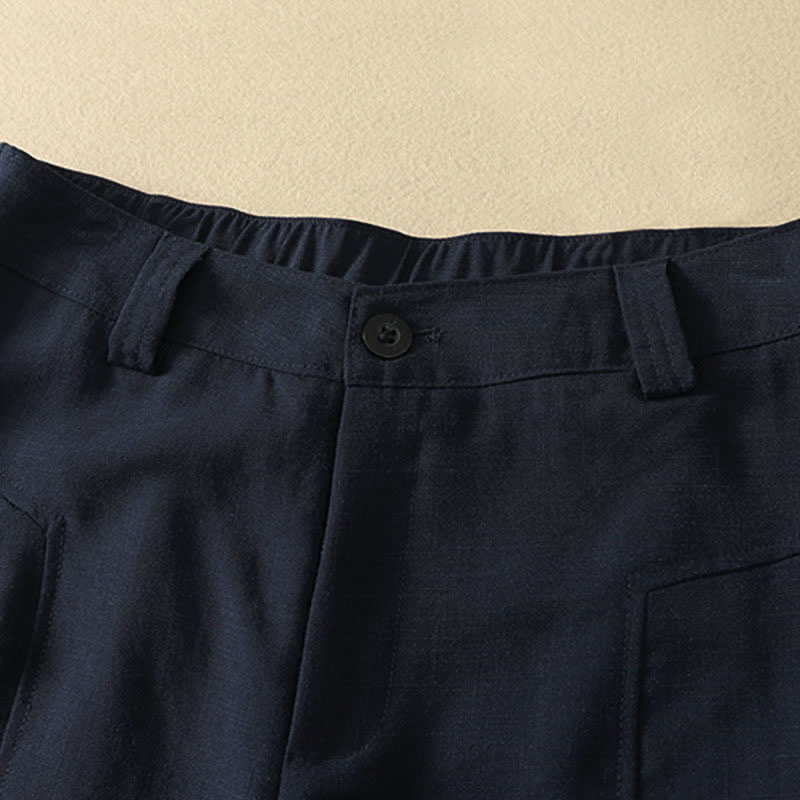 Buddha Stones Minimalistische, elegante lange Damenhose mit Knopf- und Reißverschlussdesign aus einfarbigem Baumwollstoff für Frühling und Sommer, gerades Bein und Tasche - image 1
