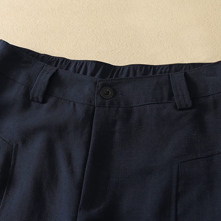 Buddha Stones Minimalistische, elegante lange Damenhose mit Knopf- und Reißverschlussdesign aus einfarbigem Baumwollstoff für Frühling und Sommer, gerades Bein und Tasche - image 1