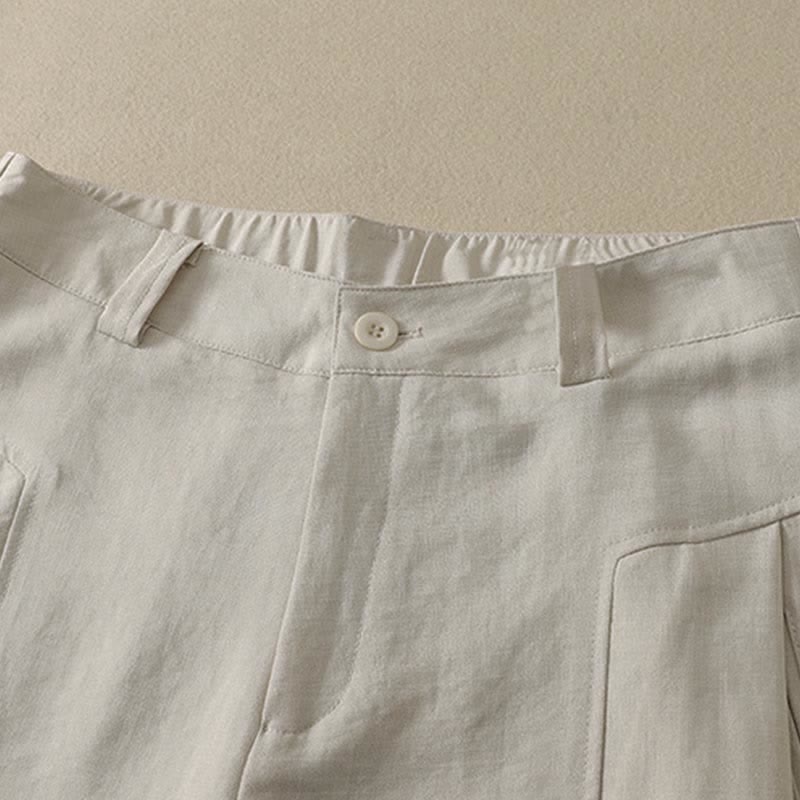 Buddha Stones Minimalistische, elegante lange Damenhose mit Knopf- und Reißverschlussdesign aus einfarbigem Baumwollstoff für Frühling und Sommer, gerades Bein und Tasche - image 9