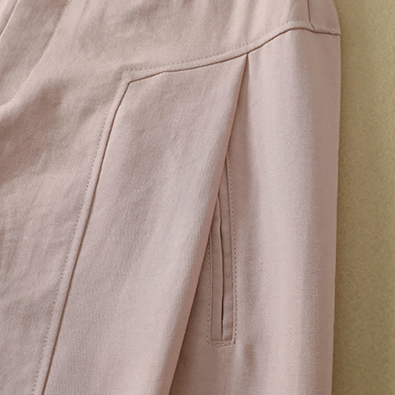Buddha Stones Minimalistische, elegante lange Damenhose mit Knopf- und Reißverschlussdesign aus einfarbigem Baumwollstoff für Frühling und Sommer, gerades Bein und Tasche - image 6