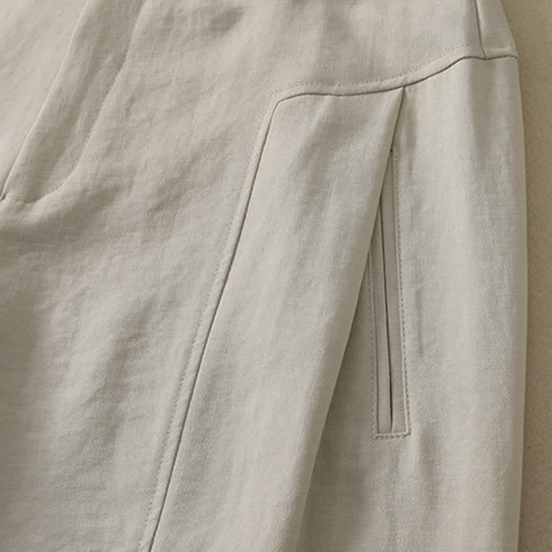 Buddha Stones Minimalistische, elegante lange Damenhose mit Knopf- und Reißverschlussdesign aus einfarbigem Baumwollstoff für Frühling und Sommer, gerades Bein und Tasche - image 10