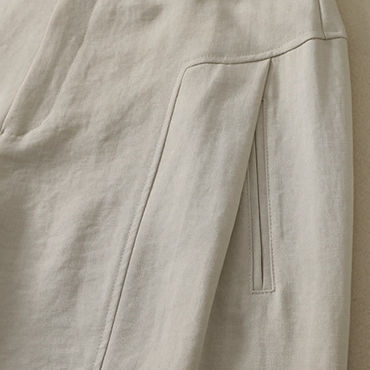 Buddha Stones Minimalistische, elegante lange Damenhose mit Knopf- und Reißverschlussdesign aus einfarbigem Baumwollstoff für Frühling und Sommer, gerades Bein und Tasche - image 10
