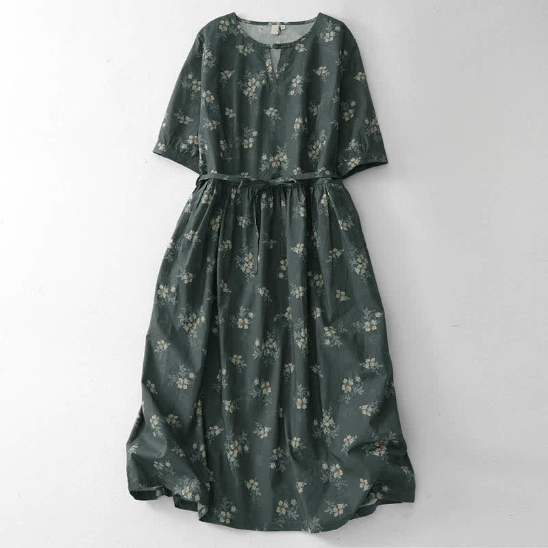 Buddha Stones Sommerliches Vintage-Kleid für Damen, grau, geblümt, kurzärmelig, mit Kordelzug und Tasche, mit kurzem Ärmel und Tasche - Dunkelgrau - US12, UK/AU16, EU44 (2XL) - image 0