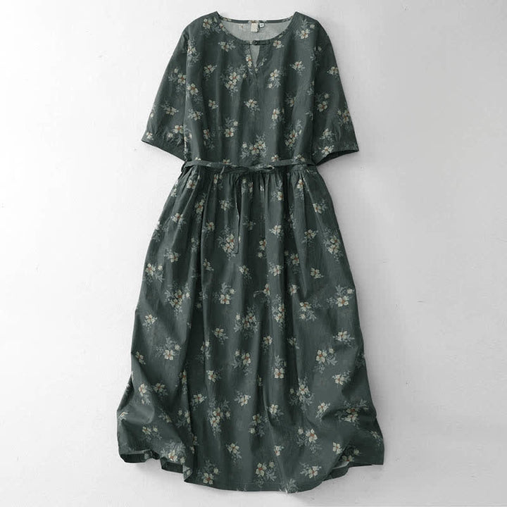 Buddha Stones Sommerliches Vintage-Kleid für Damen, grau, geblümt, kurzärmelig, mit Kordelzug und Tasche, mit kurzem Ärmel und Tasche - Dunkelgrau - US12, UK/AU16, EU44 (2XL) - image 0