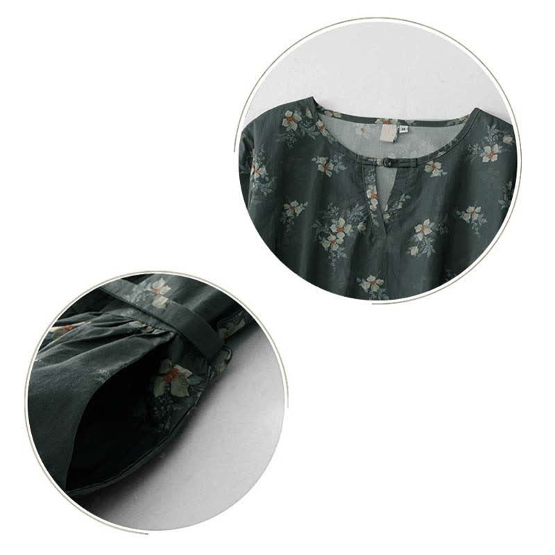 Buddha Stones Sommerliches Vintage-Kleid für Damen, grau, geblümt, kurzärmelig, mit Kordelzug und Tasche, mit kurzem Ärmel und Tasche - image 13