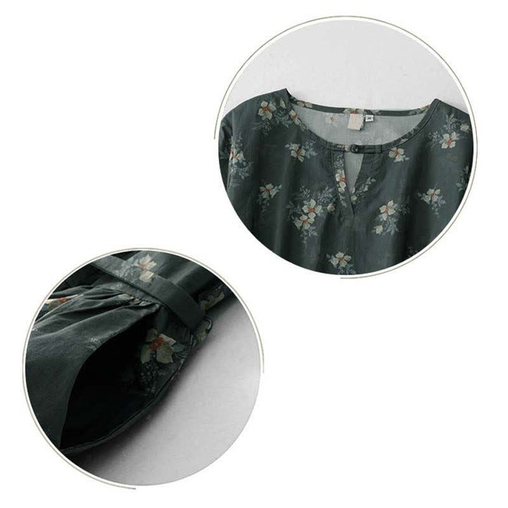 Buddha Stones Sommerliches Vintage-Kleid für Damen, grau, geblümt, kurzärmelig, mit Kordelzug und Tasche, mit kurzem Ärmel und Tasche - image 13