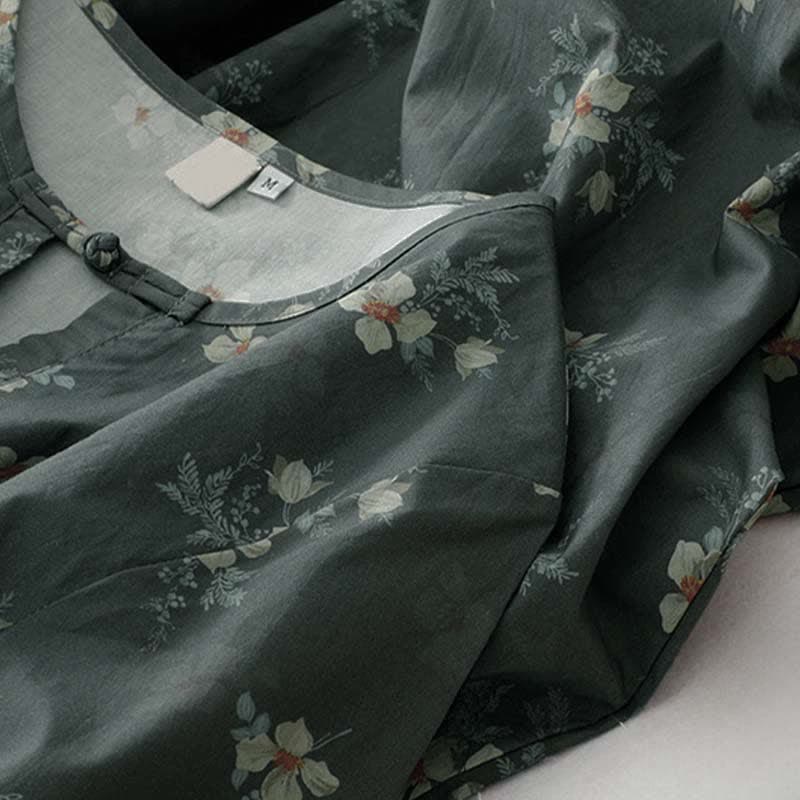 Buddha Stones Sommerliches Vintage-Kleid für Damen, grau, geblümt, kurzärmelig, mit Kordelzug und Tasche, mit kurzem Ärmel und Tasche - image 5