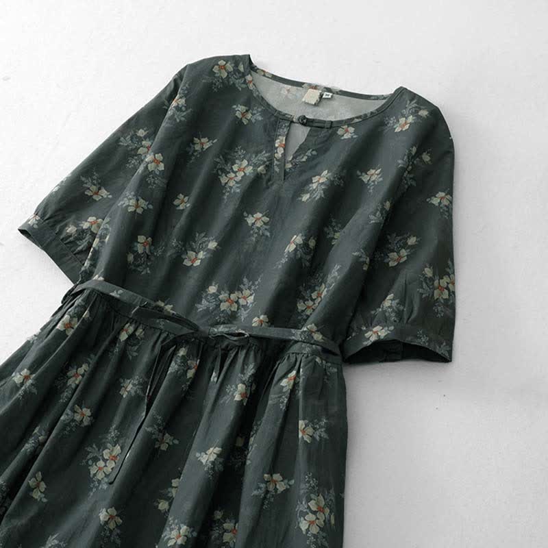 Buddha Stones Sommerliches Vintage-Kleid für Damen, grau, geblümt, kurzärmelig, mit Kordelzug und Tasche, mit kurzem Ärmel und Tasche - image 2