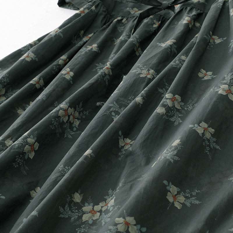 Buddha Stones Sommerliches Vintage-Kleid für Damen, grau, geblümt, kurzärmelig, mit Kordelzug und Tasche, mit kurzem Ärmel und Tasche - image 8