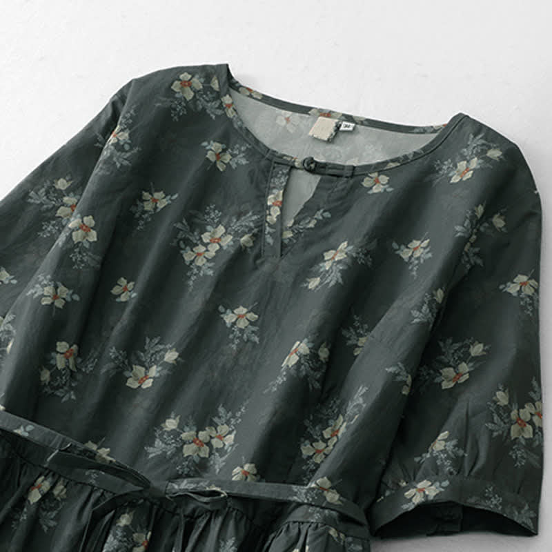 Buddha Stones Sommerliches Vintage-Kleid für Damen, grau, geblümt, kurzärmelig, mit Kordelzug und Tasche, mit kurzem Ärmel und Tasche - image 3