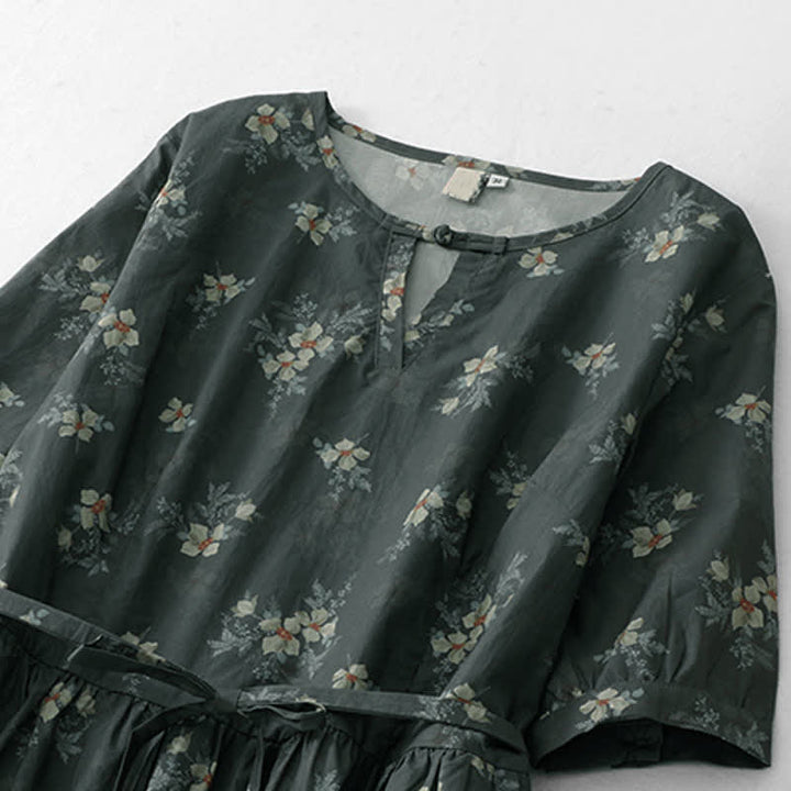 Buddha Stones Sommerliches Vintage-Kleid für Damen, grau, geblümt, kurzärmelig, mit Kordelzug und Tasche, mit kurzem Ärmel und Tasche - image 3