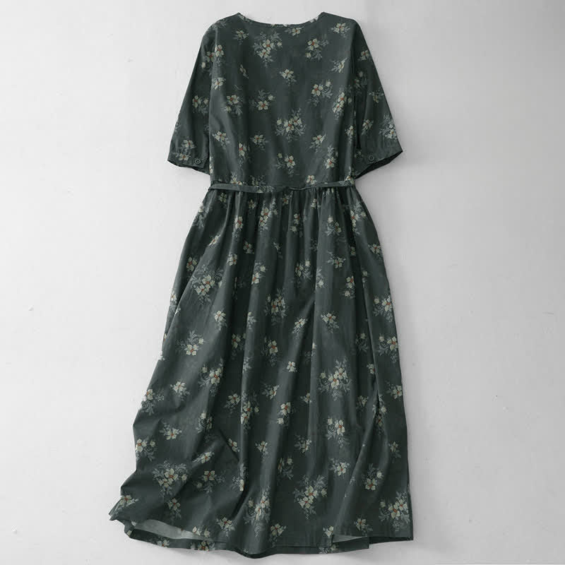 Buddha Stones Sommerliches Vintage-Kleid für Damen, grau, geblümt, kurzärmelig, mit Kordelzug und Tasche, mit kurzem Ärmel und Tasche - image 1