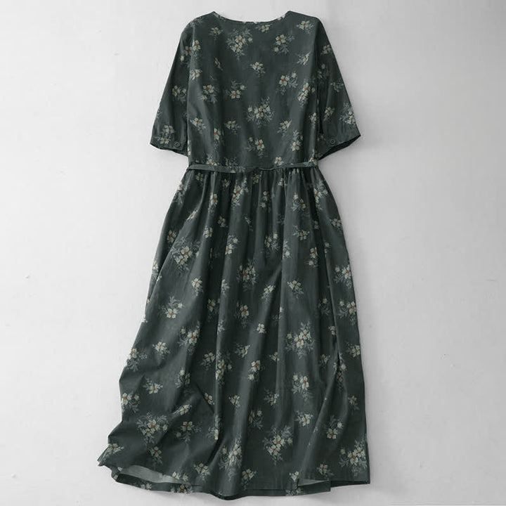 Buddha Stones Sommerliches Vintage-Kleid für Damen, grau, geblümt, kurzärmelig, mit Kordelzug und Tasche, mit kurzem Ärmel und Tasche - image 1