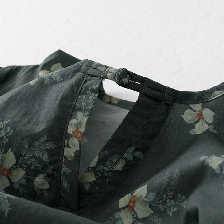 Buddha Stones Sommerliches Vintage-Kleid für Damen, grau, geblümt, kurzärmelig, mit Kordelzug und Tasche, mit kurzem Ärmel und Tasche - image 4