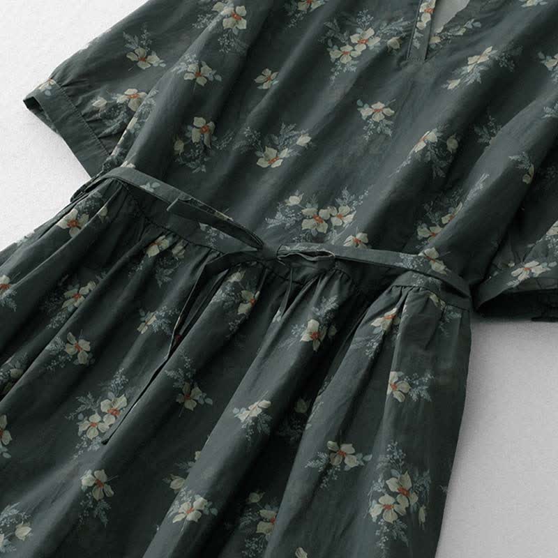 Buddha Stones Sommerliches Vintage-Kleid für Damen, grau, geblümt, kurzärmelig, mit Kordelzug und Tasche, mit kurzem Ärmel und Tasche - image 6