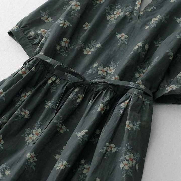 Buddha Stones Sommerliches Vintage-Kleid für Damen, grau, geblümt, kurzärmelig, mit Kordelzug und Tasche, mit kurzem Ärmel und Tasche - image 6