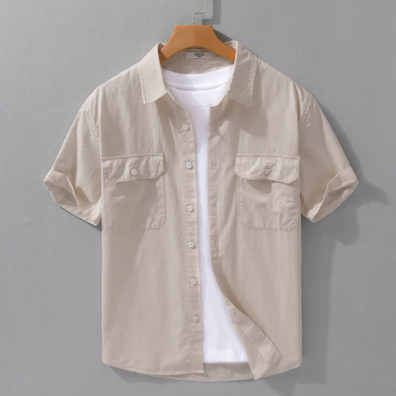 Buddha Stones Lässiges, klassisches Sommerhemd aus einfarbiger Baumwolle mit kurzen Ärmeln und aufgesetzten Taschen - Beige - US/UK/AU42, EU52 (3XL) - image 14