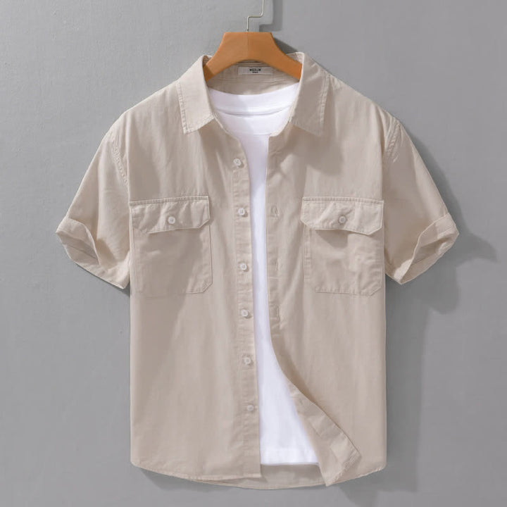 Buddha Stones Lässiges, klassisches Sommerhemd aus einfarbiger Baumwolle mit kurzen Ärmeln und aufgesetzten Taschen - Beige - US/UK/AU42, EU52 (3XL) - image 14