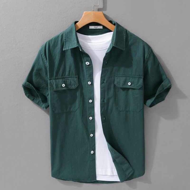 Buddha Stones Lässiges, klassisches Sommerhemd aus einfarbiger Baumwolle mit kurzen Ärmeln und aufgesetzten Taschen - SeaGreen - US/UK/AU42, EU52 (3XL) - image 10