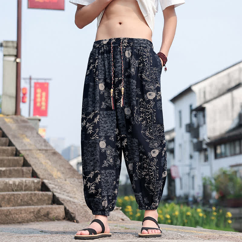 Buddha Stones Sommerliche Boho-Freizeithose mit Kordelzug, Elefanten- und Baumprint, kurze Herren-Haremshose mit Taschen - image 15