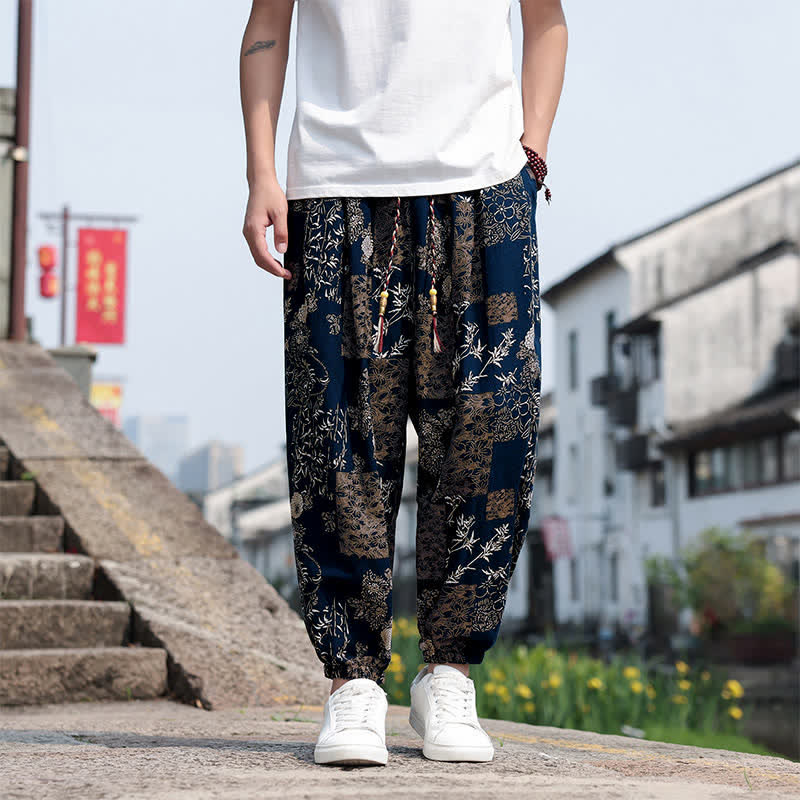 Buddha Stones Sommerliche Boho-Freizeithose mit Kordelzug, Elefanten- und Baumprint, kurze Herren-Haremshose mit Taschen - Mitternachtsblau - US/UK/AU46, EU56 (5XL) - image 29