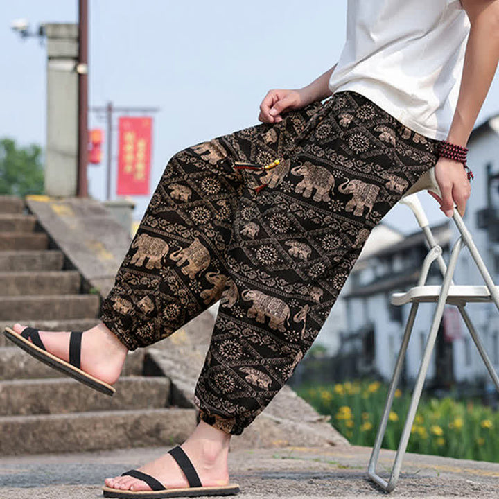 Buddha Stones Sommerliche Boho-Freizeithose mit Kordelzug, Elefanten- und Baumprint, kurze Herren-Haremshose mit Taschen - image 6
