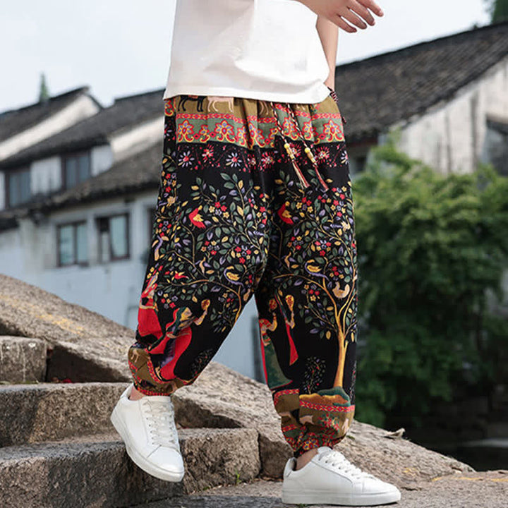 Buddha Stones Sommerliche Boho-Freizeithose mit Kordelzug, Elefanten- und Baumprint, kurze Herren-Haremshose mit Taschen - image 25