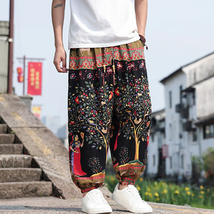 Buddha Stones Sommerliche Boho-Freizeithose mit Kordelzug, Elefanten- und Baumprint, kurze Herren-Haremshose mit Taschen - image 24