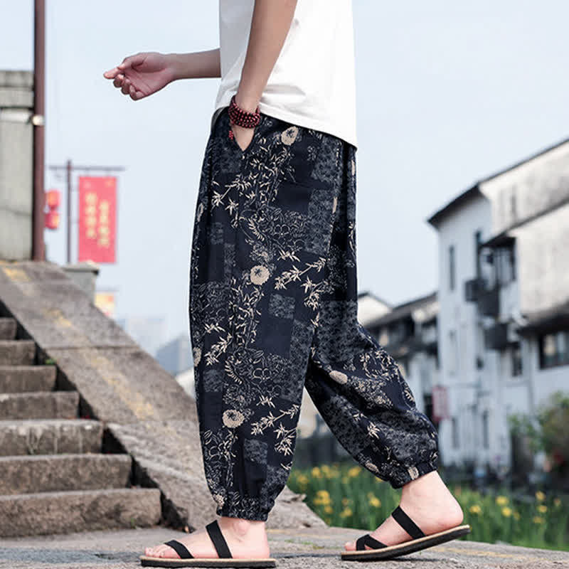 Buddha Stones Sommerliche Boho-Freizeithose mit Kordelzug, Elefanten- und Baumprint, kurze Herren-Haremshose mit Taschen - image 9