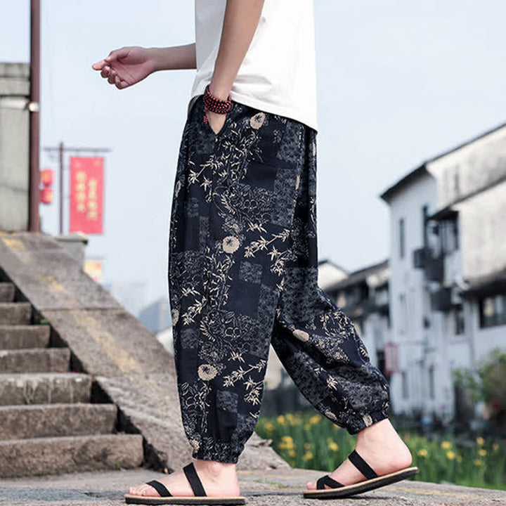 Buddha Stones Sommerliche Boho-Freizeithose mit Kordelzug, Elefanten- und Baumprint, kurze Herren-Haremshose mit Taschen - image 9