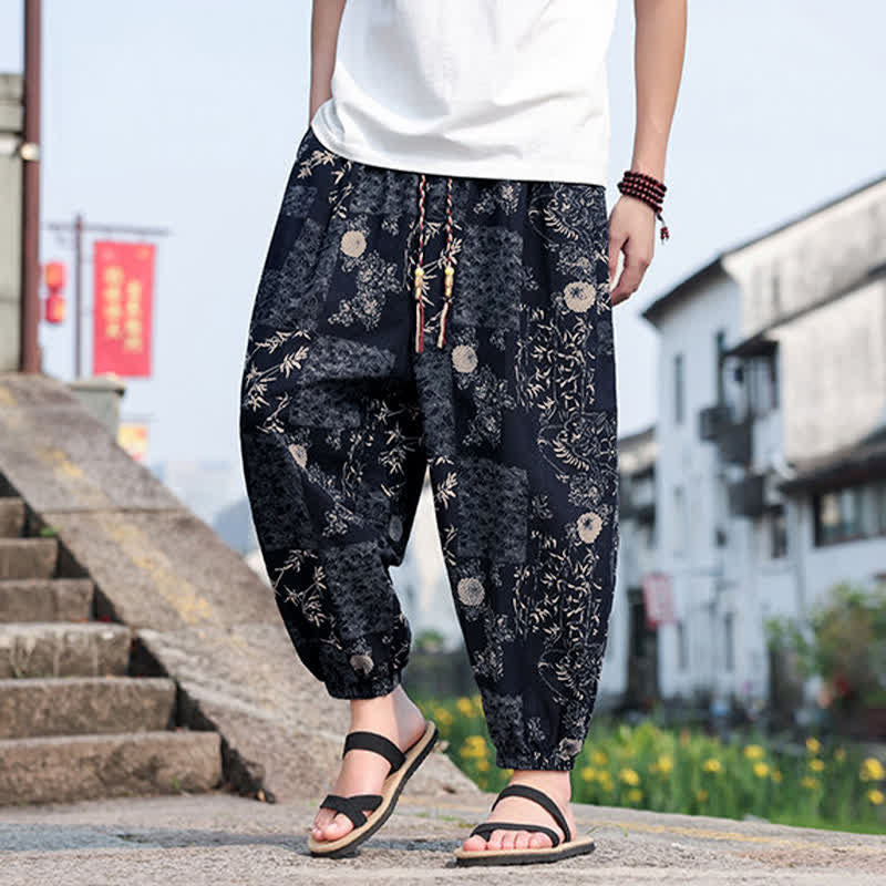 Buddha Stones Sommerliche Boho-Freizeithose mit Kordelzug, Elefanten- und Baumprint, kurze Herren-Haremshose mit Taschen - image 13