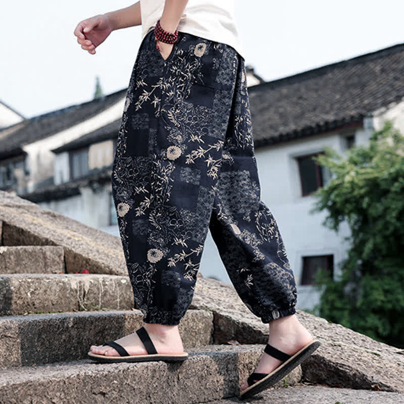 Buddha Stones Sommerliche Boho-Freizeithose mit Kordelzug, Elefanten- und Baumprint, kurze Herren-Haremshose mit Taschen - image 14