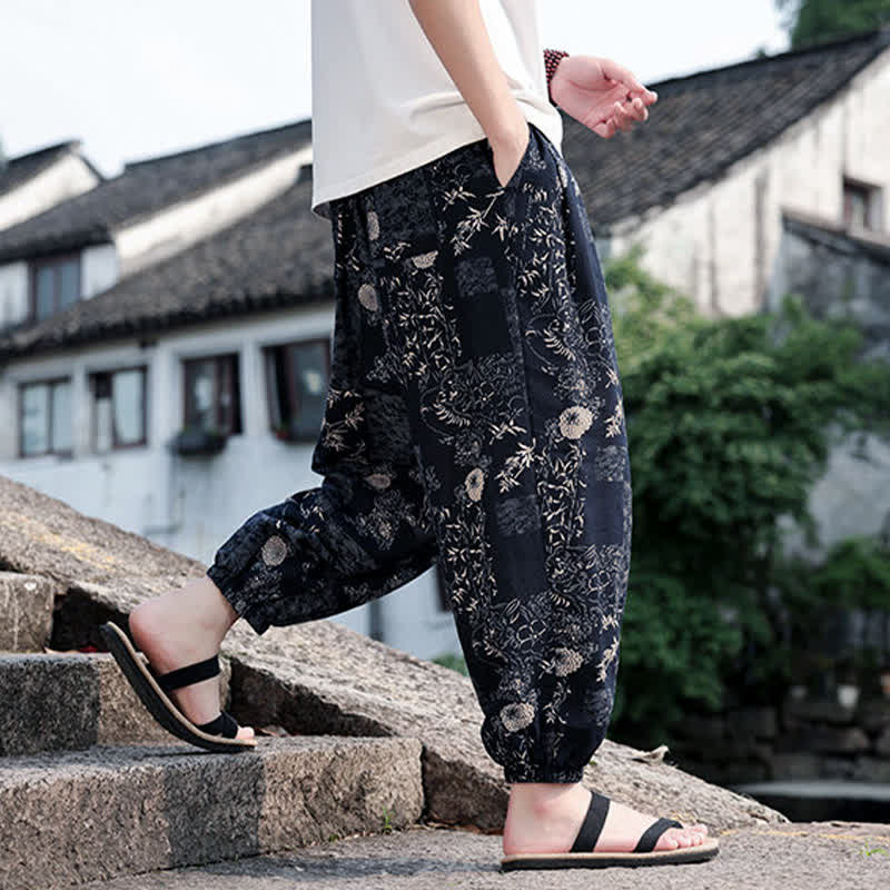 Buddha Stones Sommerliche Boho-Freizeithose mit Kordelzug, Elefanten- und Baumprint, kurze Herren-Haremshose mit Taschen - image 10